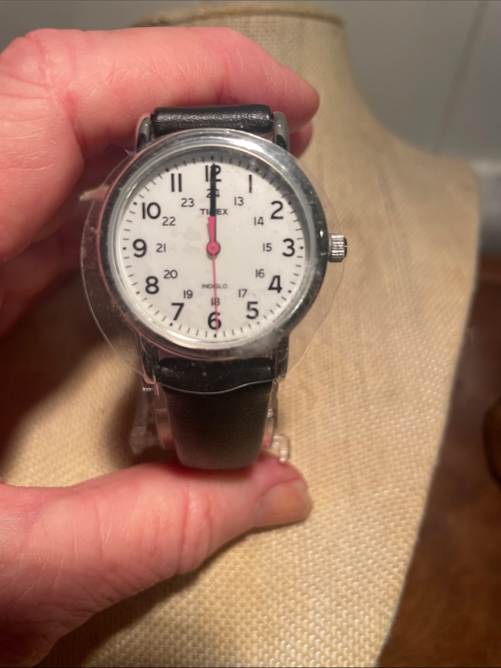 New Timex Black Strap Watch with White Dial and Pink Seconds Hand
